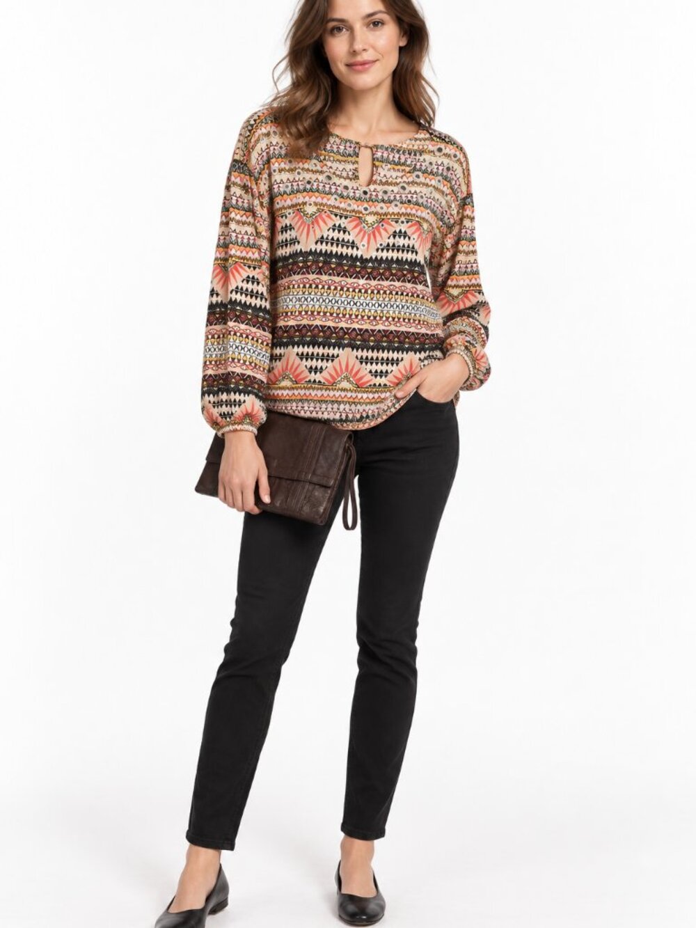 GUESS Boho Mirror Embellished Aztec Print Blouse & Leather Clutch Bundle Size L